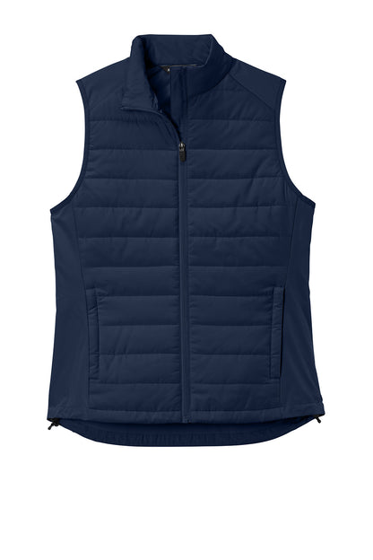 Women’s navy Sport-Tek® Teknical Hybrid vest with front zipper, lightweight design, and sporty style, shown from the front.