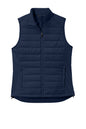 Women’s navy Sport-Tek® Teknical Hybrid vest with front zipper, lightweight design, and sporty style, shown from the front.