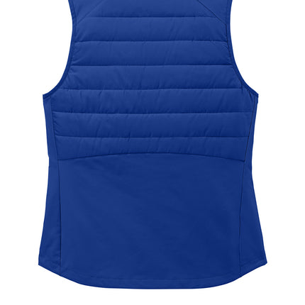 Sport-Tek Women's Teknical Hybrid Vest true royal back view – flexible double-weave back panel, adjustable hem, ready for custom embroidery.
