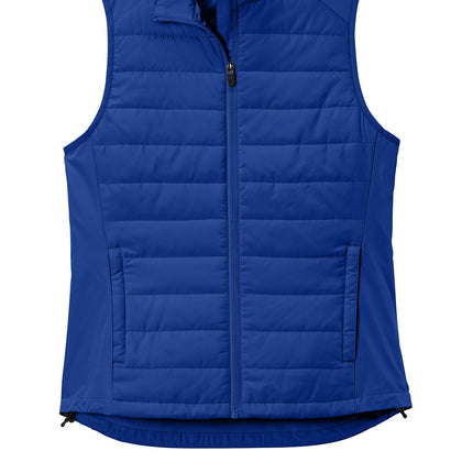 Sport-Tek Women's Teknical Hybrid Vest true royal front view – performance hybrid construction, zip pockets and DWR finish, Print-View custom options.