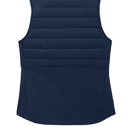 Sport-Tek Women's Teknical Hybrid Vest true navy back view – stretch back panel and adjustable hem, perfect for embroidered logos.