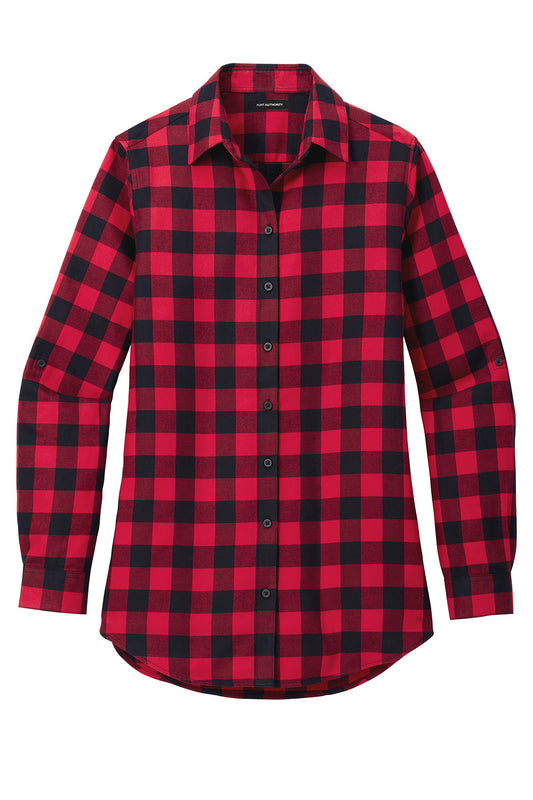 Print-View Port Authority women's plaid flannel tunic with long sleeves in red and black buffalo check pattern, front view.