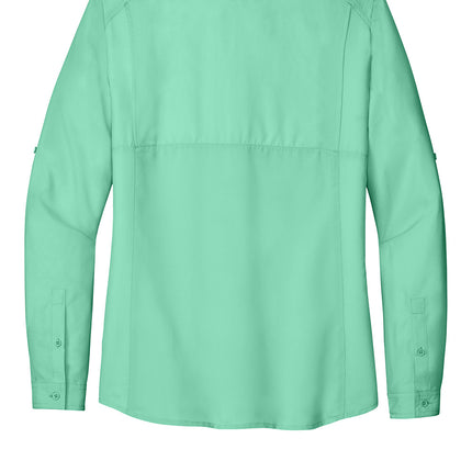Bright seafoam green Port Authority women's long sleeve UV Daybreak shirt with a flat back view, made by Print-View.
