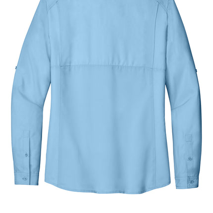 Light blue Port Authority Women's Long Sleeve UV Daybreak Shirt from Print-View, showing the back view of the breathable, sun-protective top.