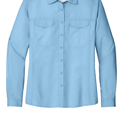 Light blue Port Authority Women's Long Sleeve UV Daybreak Shirt with a flat front, designed for sun protection and casual style.