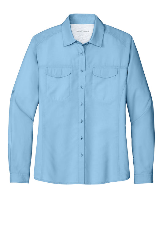 Light blue Port Authority Women's Long Sleeve UV Daybreak Shirt with a flat front, designed for sun protection and casual style.