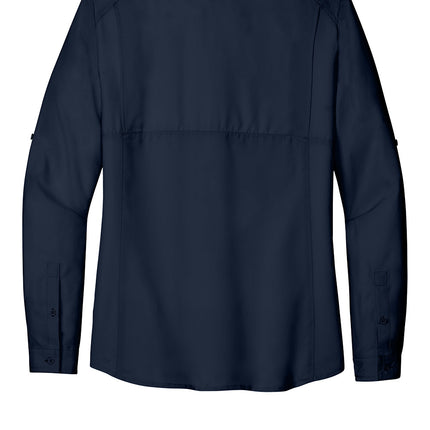 Print-View Port Authority women's long sleeve UV Daybreak shirt in true navy, shown flat back view with lightweight fabric.