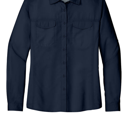 Print-View Port Authority women's long sleeve UV Daybreak shirt in true navy, shown flat with front view.