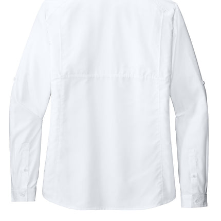 White Port Authority Women's Long Sleeve UV Daybreak Shirt shown flat back view, lightweight, sun-protective fabric, casual fit.