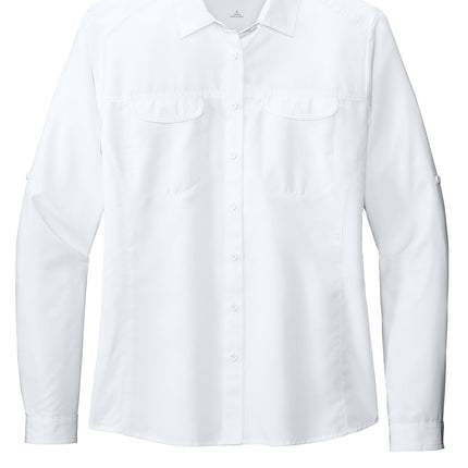 White Port Authority Women's long sleeve UV Daybreak shirt with a flat front, ideal for sun protection and casualwear.