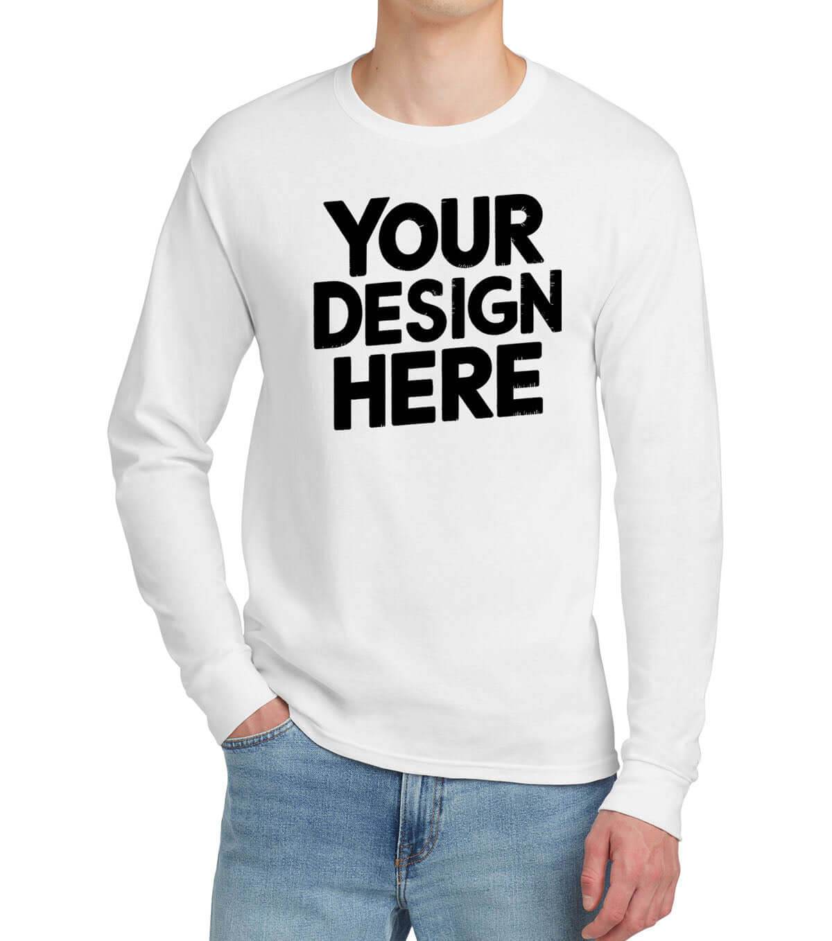 White Print-View custom long sleeve t-shirt with personalized printing or embroidery, front view showing fit and fabric texture.
