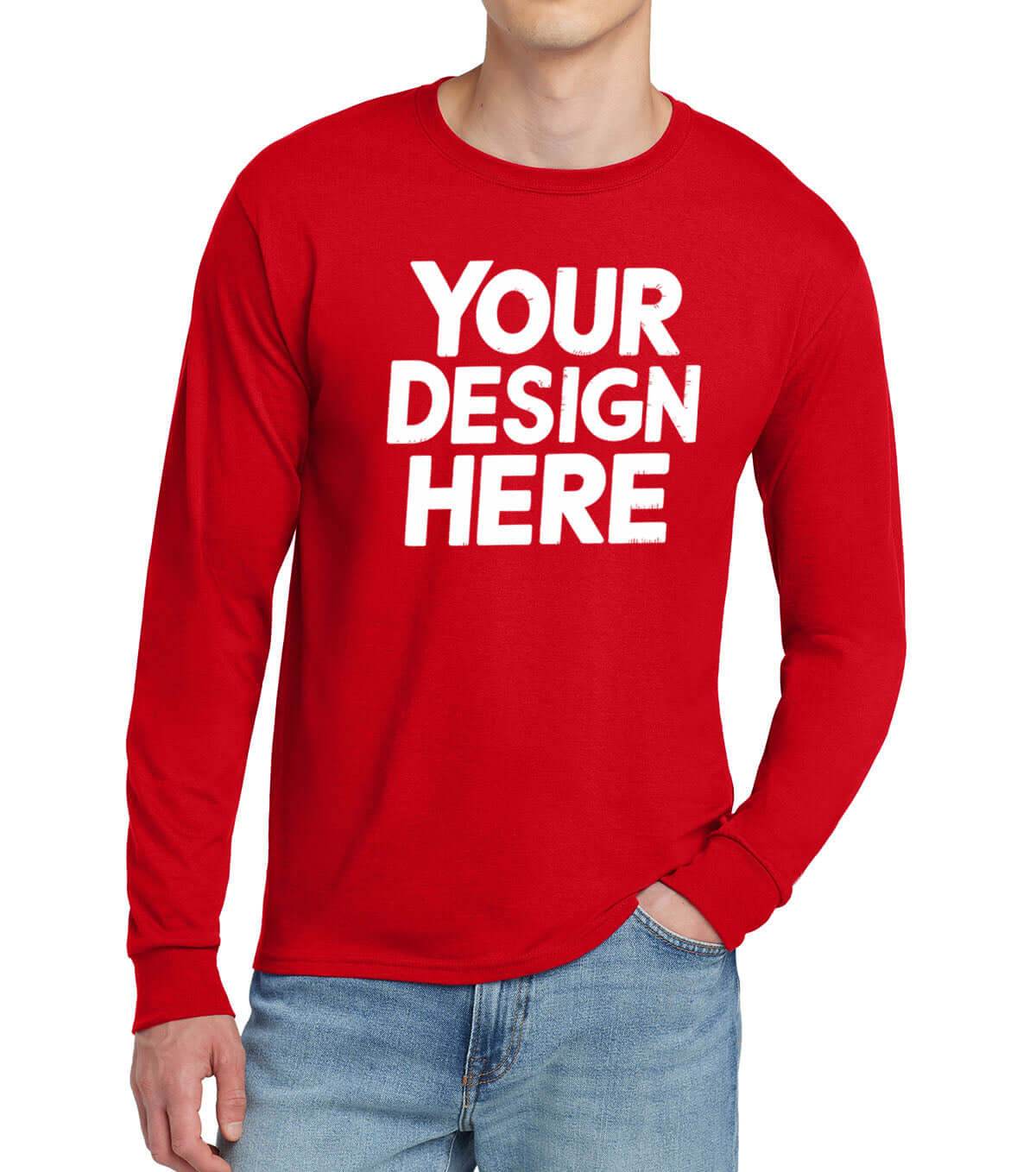 Red personalized long sleeve T-shirt by Print-View with custom printing or embroidery displayed from the front.