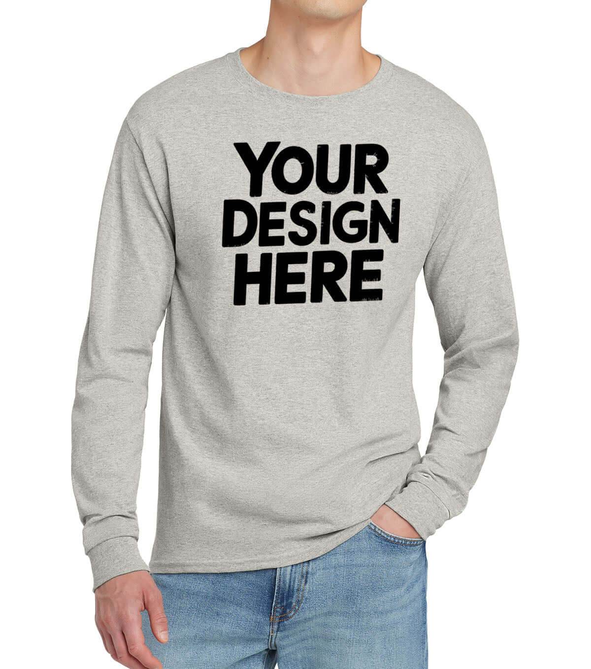 Print-View custom long sleeve T-shirt in Oxford grey with personalized printing or embroidery, front view showing fit and fabric.