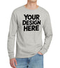 Print-View custom long sleeve T-shirt in Oxford grey with personalized printing or embroidery, front view showing fit and fabric.