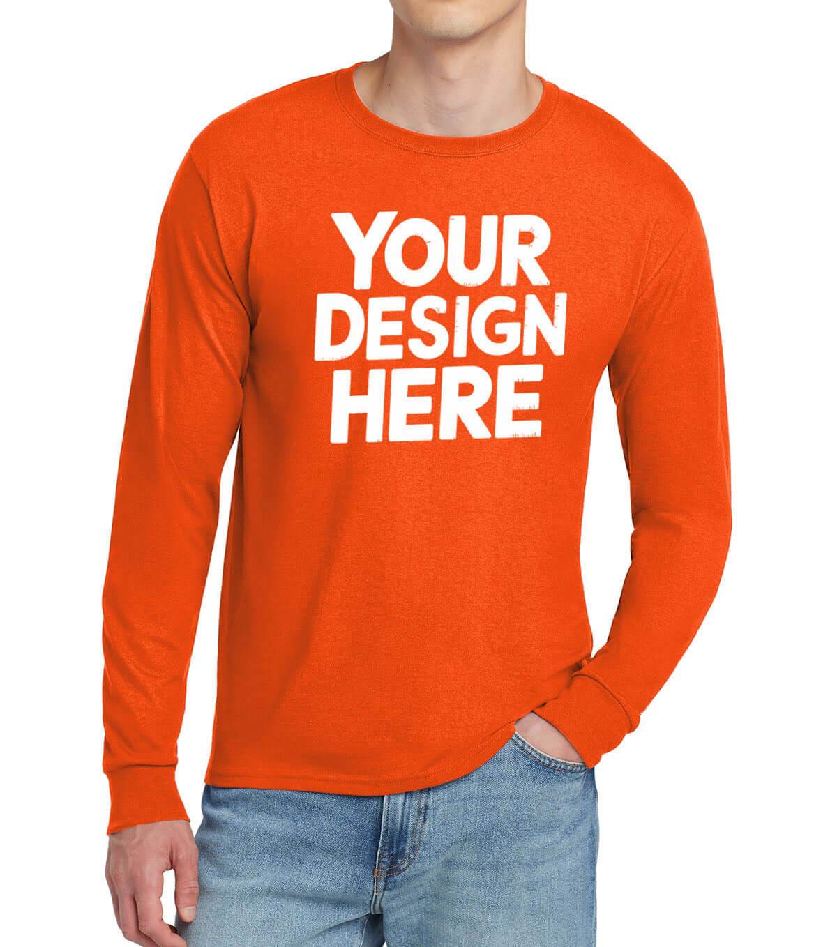 Orange Print-View long sleeve T-shirt with personalized printing, front view showing custom design on the chest.