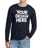 Navy custom long sleeve t-shirt from Print-View with personalized printing or embroidery, front view on a model.