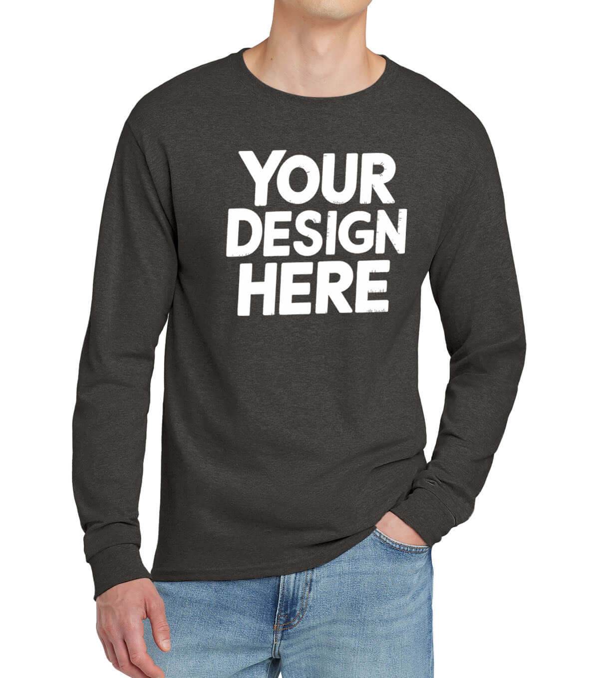 Charcoal Print-View custom long sleeve T-shirt with personalized embroidery, front view showing fit and fabric texture.