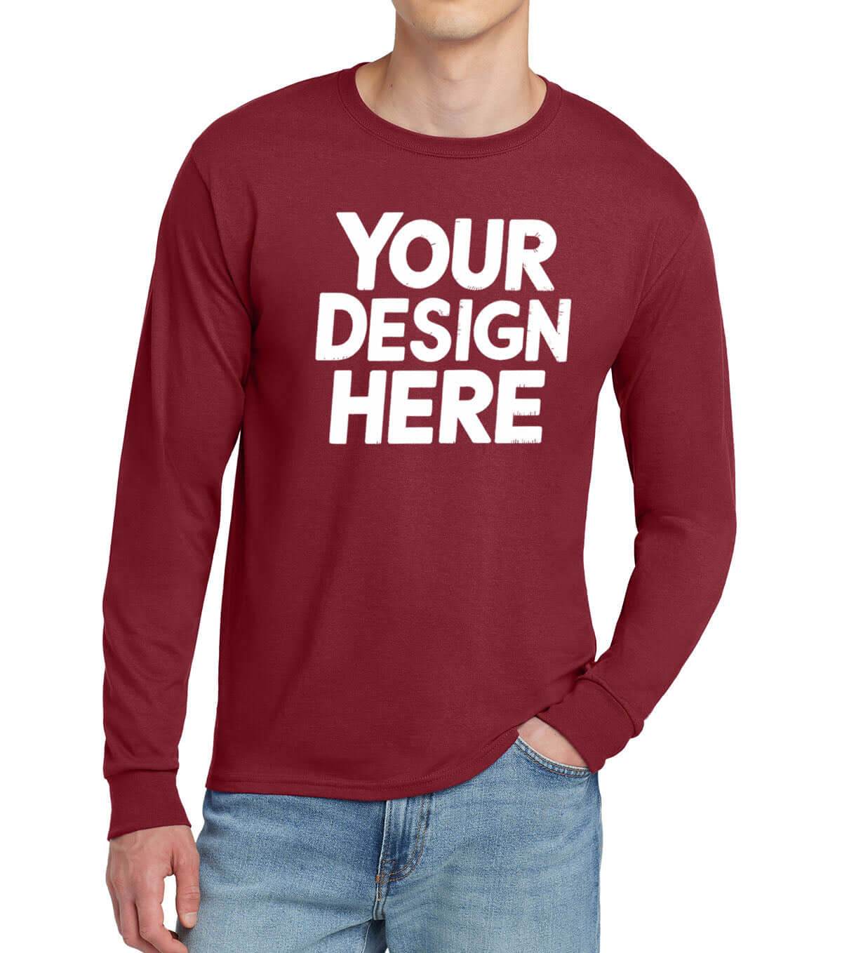 Print-View custom long sleeve T-shirt with personalized embroidery, featuring a front design in cardinal red on a white fabric.