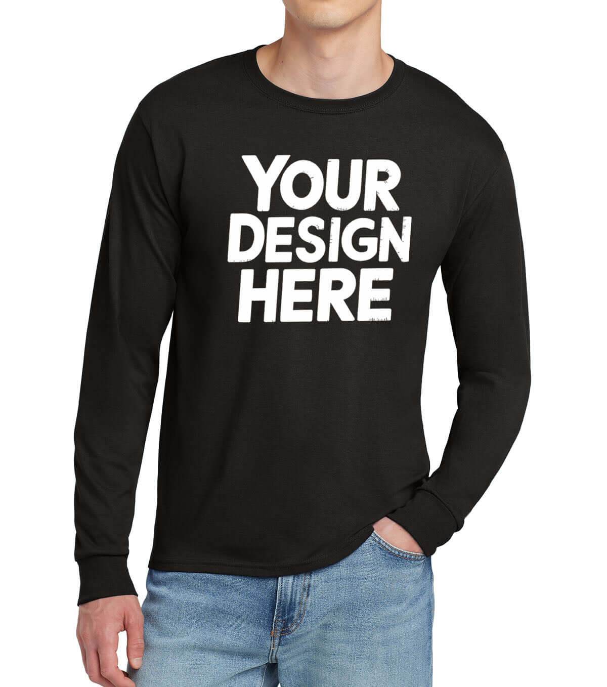 Black Print-View custom long sleeve T-shirt with personalized printing or embroidery, front view showing fitted design.
