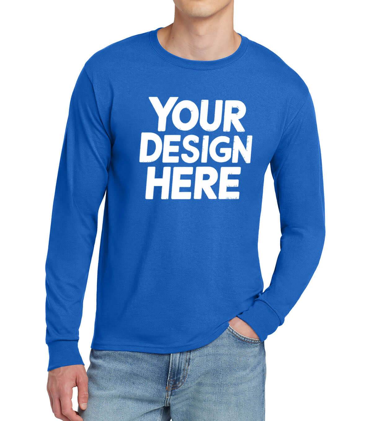 Print-View custom long sleeve T-shirt in athletic royal with personalized print or embroidery, front view showing the design.