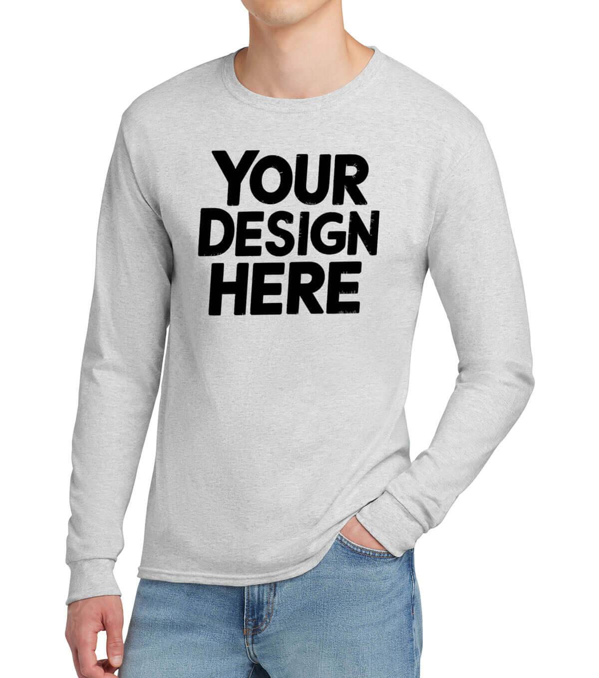 Print-View custom long sleeve T-shirt in ash with personalized print or embroidery, front view showing tailored fit and fabric texture.