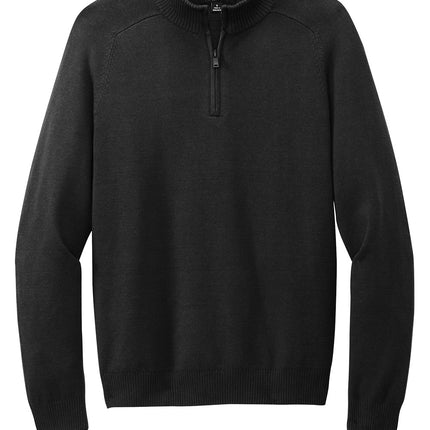 Front view quater Zip Sweater in Black with sleek cotton-blend pullover, cadet collar and rib cuffs