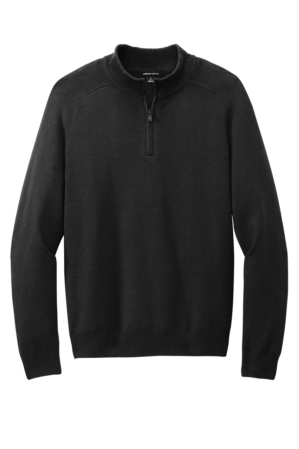 Deep black Mercer+Mettle® Easy-Care 1/4-Zip Sweater by Print-View, flat front view showing smooth fabric and zipper detail.