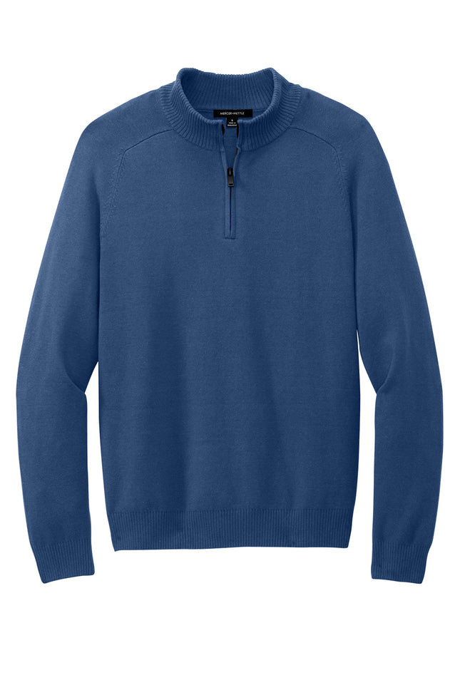 Front view quater Zip Sweater in Blue with premium cotton-blend knit and ribbed cuffs