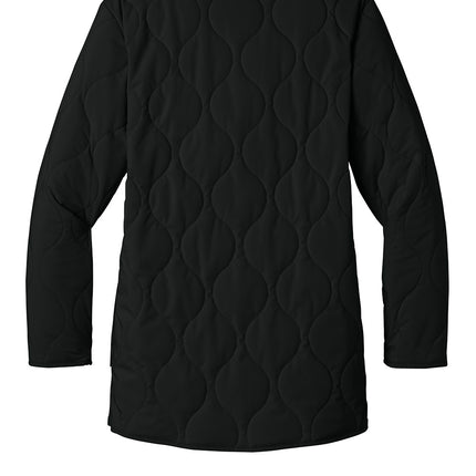 Mercer+Mettle Women’s Quilted Liner Jacket back view in black longer length, classic quilt pattern; ideal for layering and custom embroidery at Print-View.
