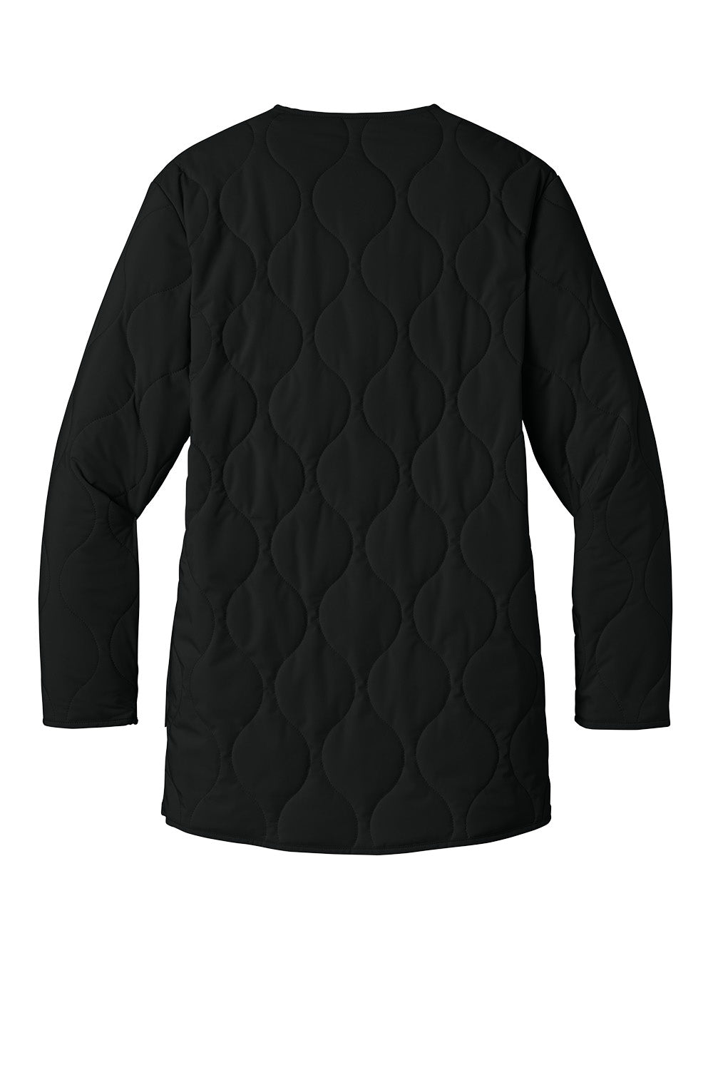 Print-View Mercer+Mettle women's black quilted liner jacket laid flat, showing the lightweight design and padded exterior.