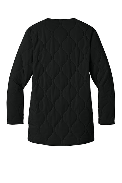 Print-View Mercer+Mettle women's black quilted liner jacket laid flat, showing the lightweight design and padded exterior.