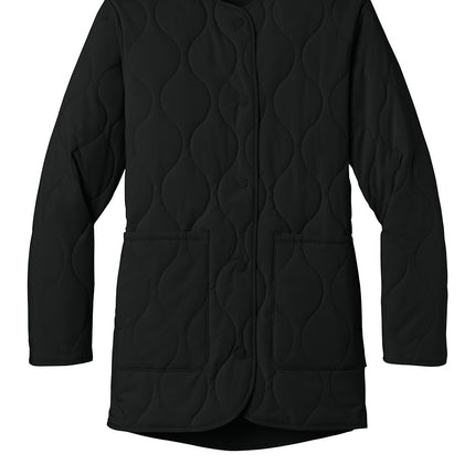 Mercer+Mettle Women’s Quilted Liner Jacket front view in black lightweight onion-quilt shell with snap front and dual entry pockets.