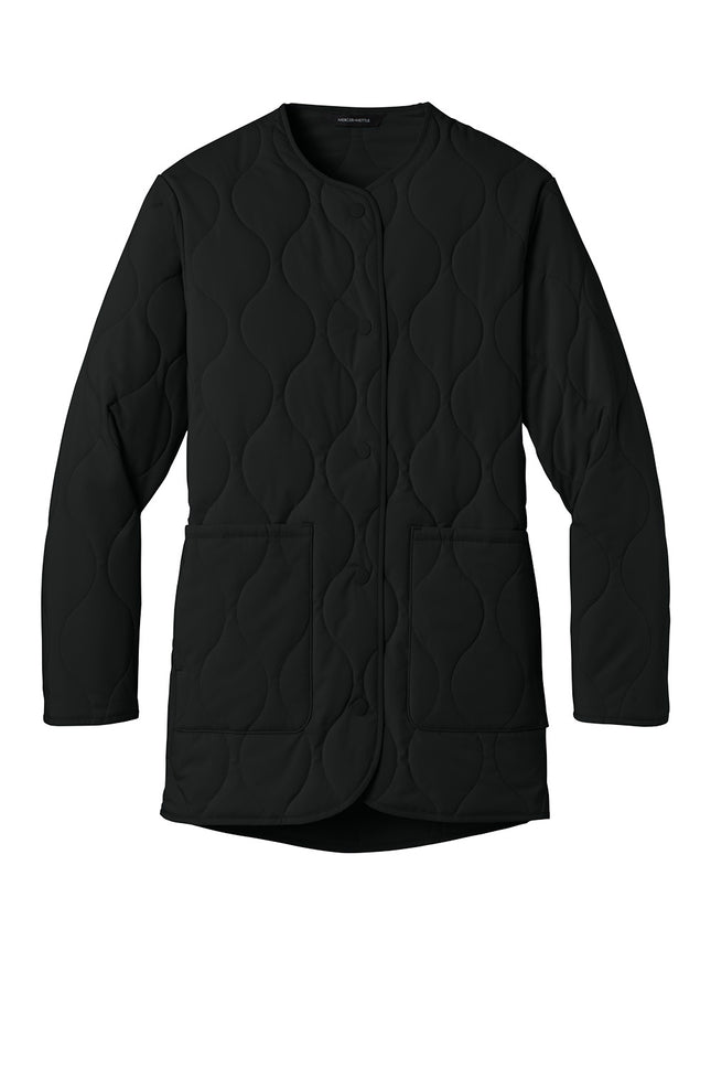 Mercer+Mettle Women’s Quilted Liner Jacket front view in black lightweight onion-quilt shell with snap front and dual entry pockets.