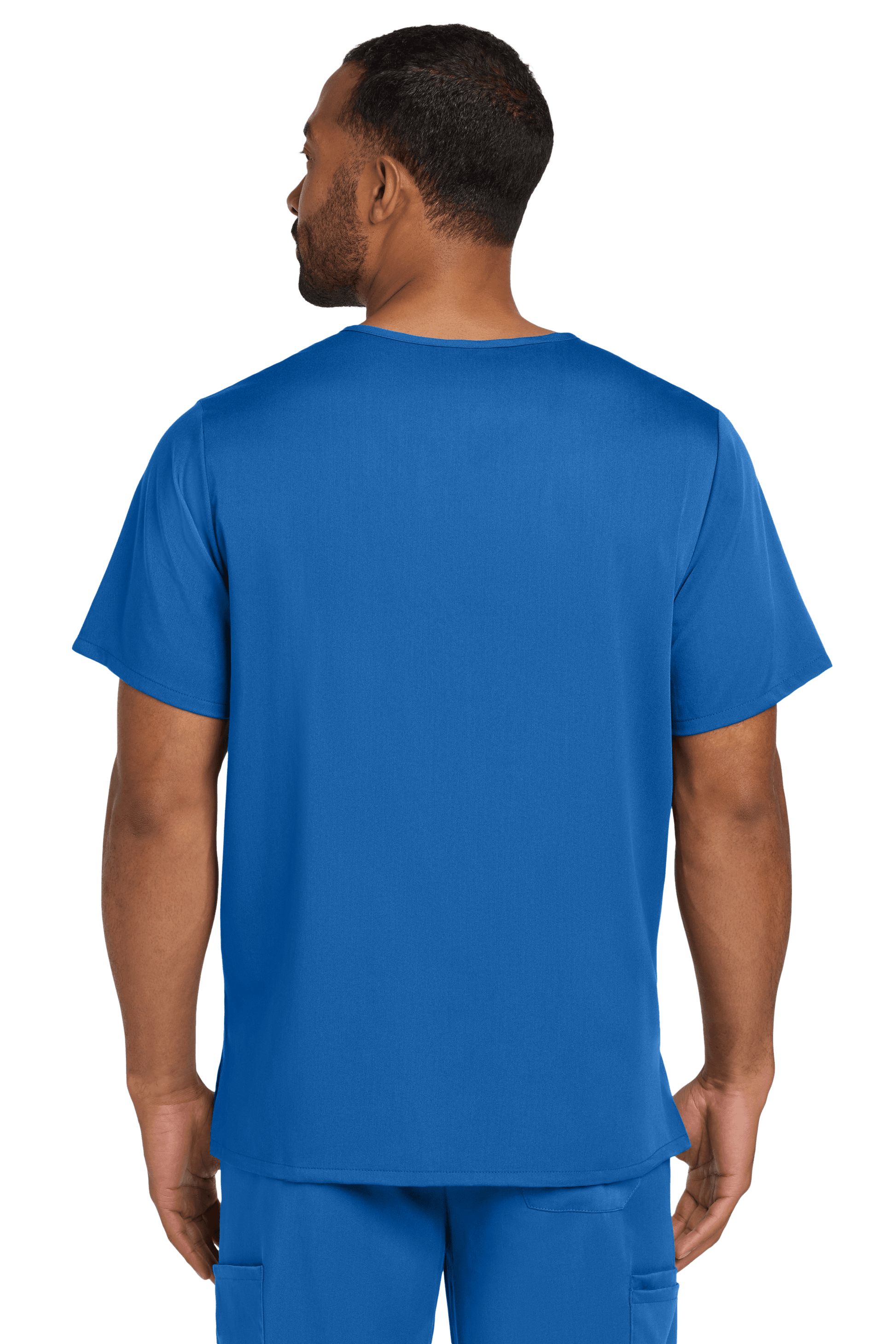 Male nurse wearing Wink Men's Premiere Flex V-Neck scrub top in blue, showing the back view of the printed design.