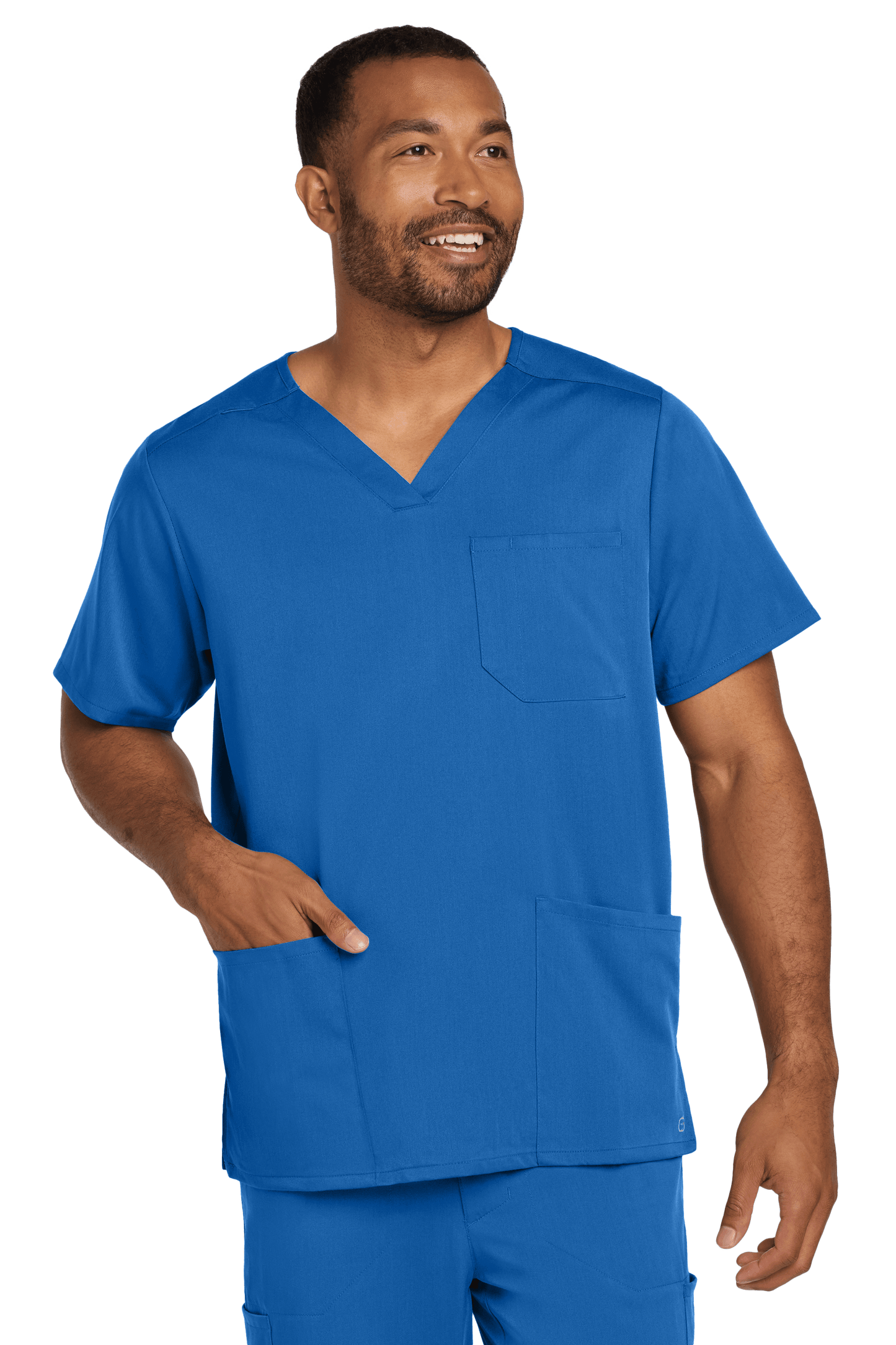 Male nurse wearing Wink Men's Premiere Flex V-Neck Scrub Top in blue, front view showcasing the comfortable print design.