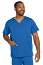 Male nurse wearing Wink Men's Premiere Flex V-Neck Scrub Top in blue, front view showcasing the comfortable print design.