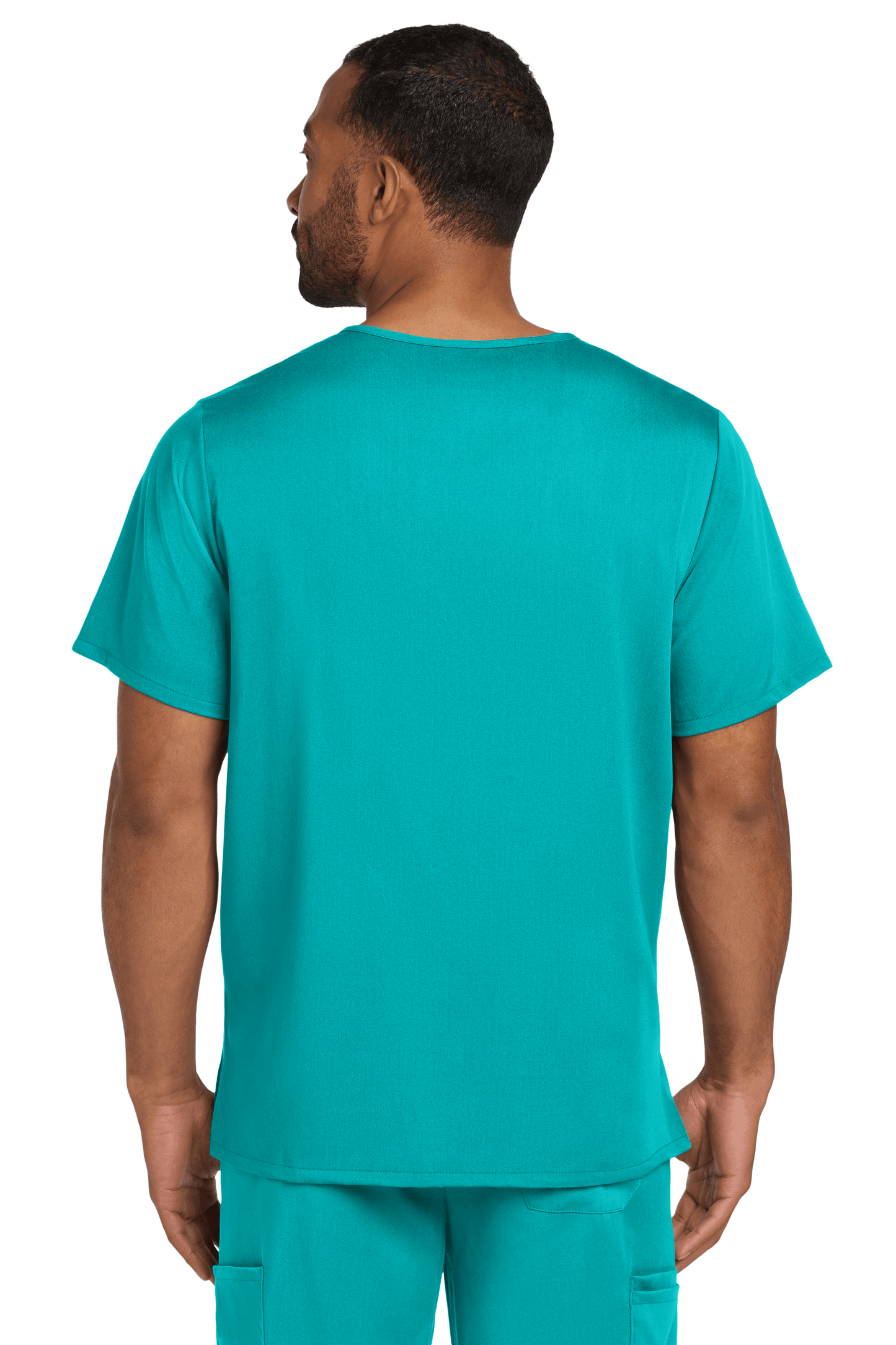 Male nurse wearing Wink Men's Premiere Flex V-Neck Scrub Top in teal, showing the back view with a printed design.