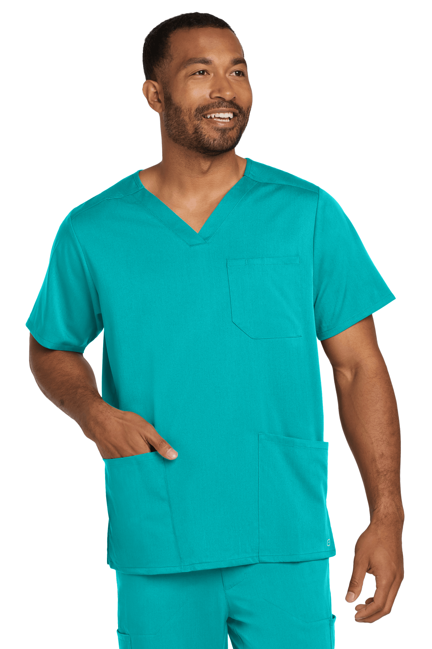 Male nurse wearing Wink Men's Premiere Flex V-Neck Scrub Top in teal with front view, showcasing the comfortable, professional medical scrubs.