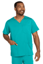 Male nurse wearing Wink Men's Premiere Flex V-Neck Scrub Top in teal with front view, showcasing the comfortable, professional medical scrubs.