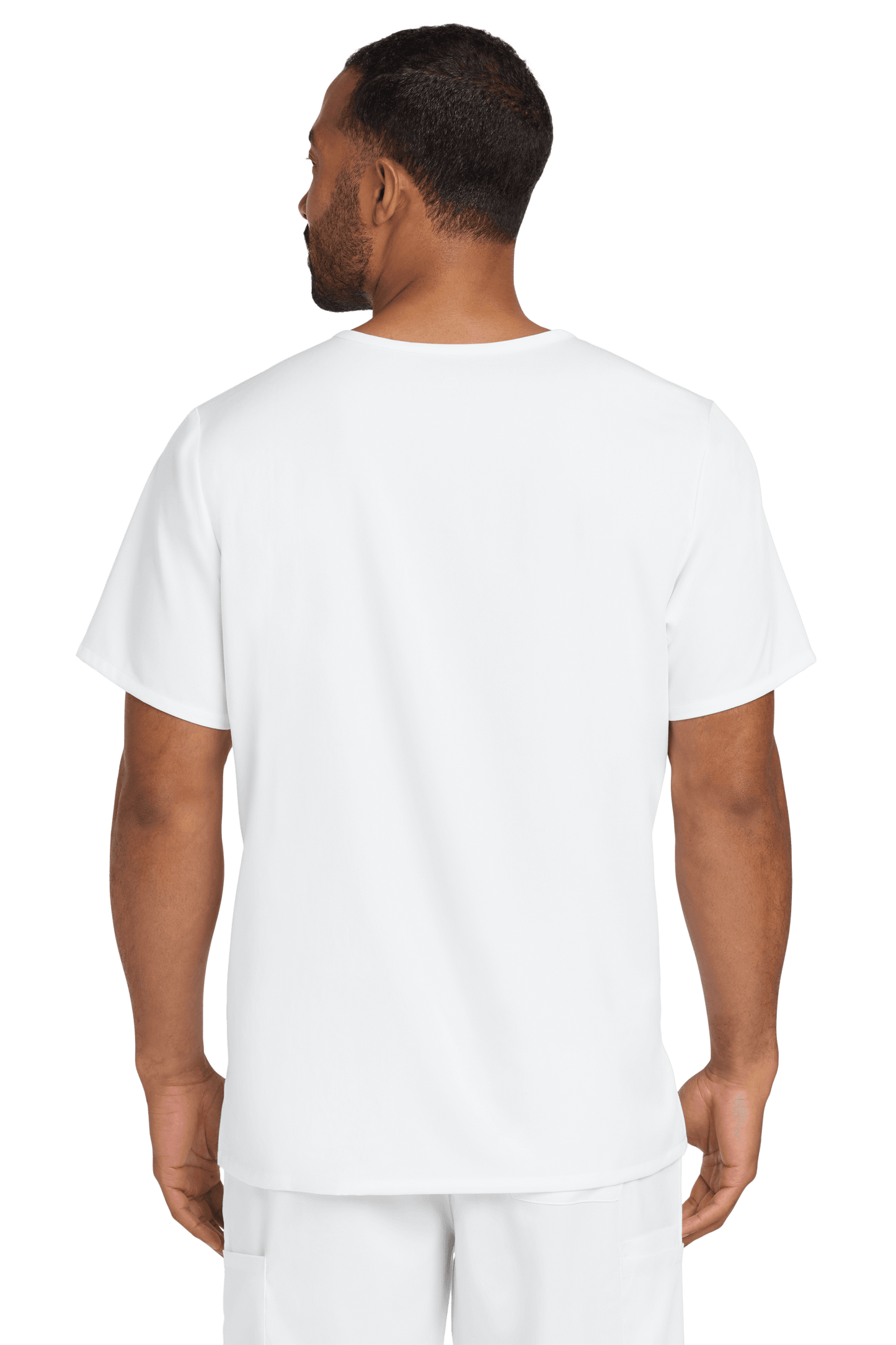 Male nurse wearing white Wink Premiere Flex V-neck scrub top, back view showcasing the comfortable fit and clean design.