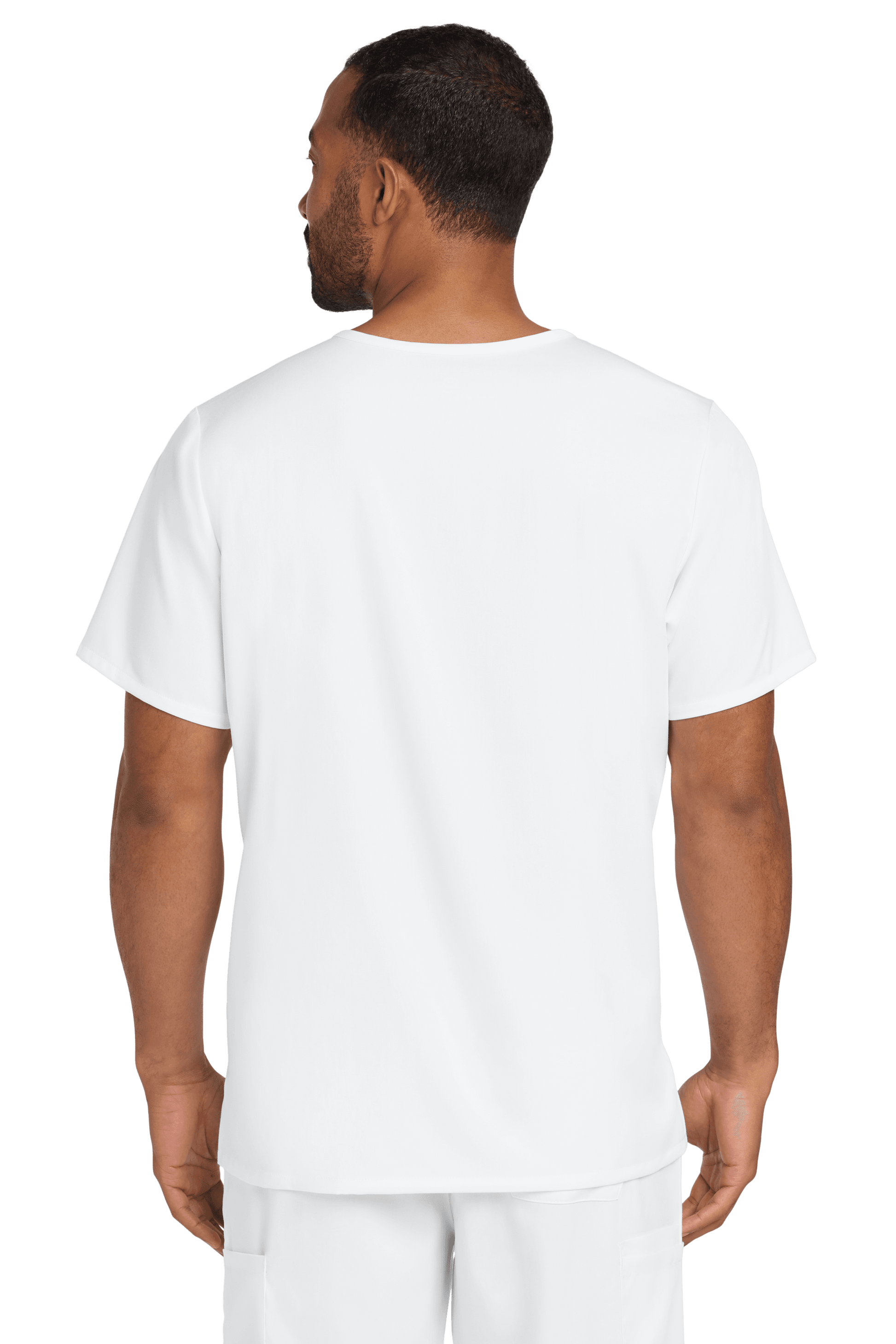 Male nurse wearing white Wink Premiere Flex V-neck scrub top, back view showcasing the comfortable fit and clean design.