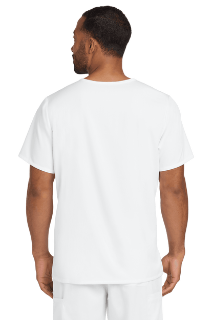 Male nurse wearing white Wink Premiere Flex V-neck scrub top, back view showcasing the comfortable fit and clean design.