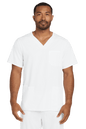 Male nurse wearing Wink Men's Premiere Flex V-Neck Scrub Top in white, front view showing the comfortable fit and V-neck design.