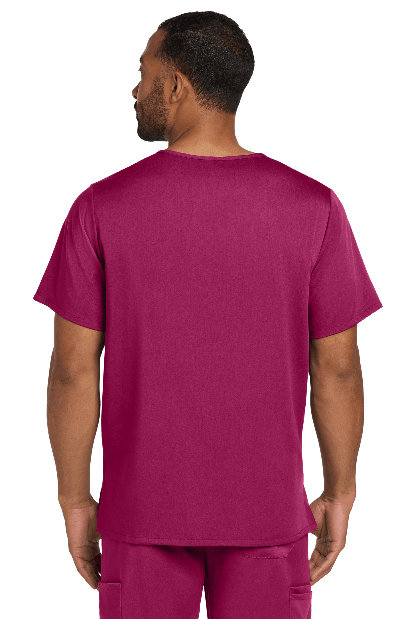 Male nurse wearing Wink Men's Premiere Flex V-Neck Scrub Top in wine color, showing the back view with print details.