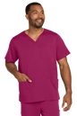 Male nurse wearing Wink Men's Premiere Flex V-Neck Scrub Top in wine color, front view showing the printed design.