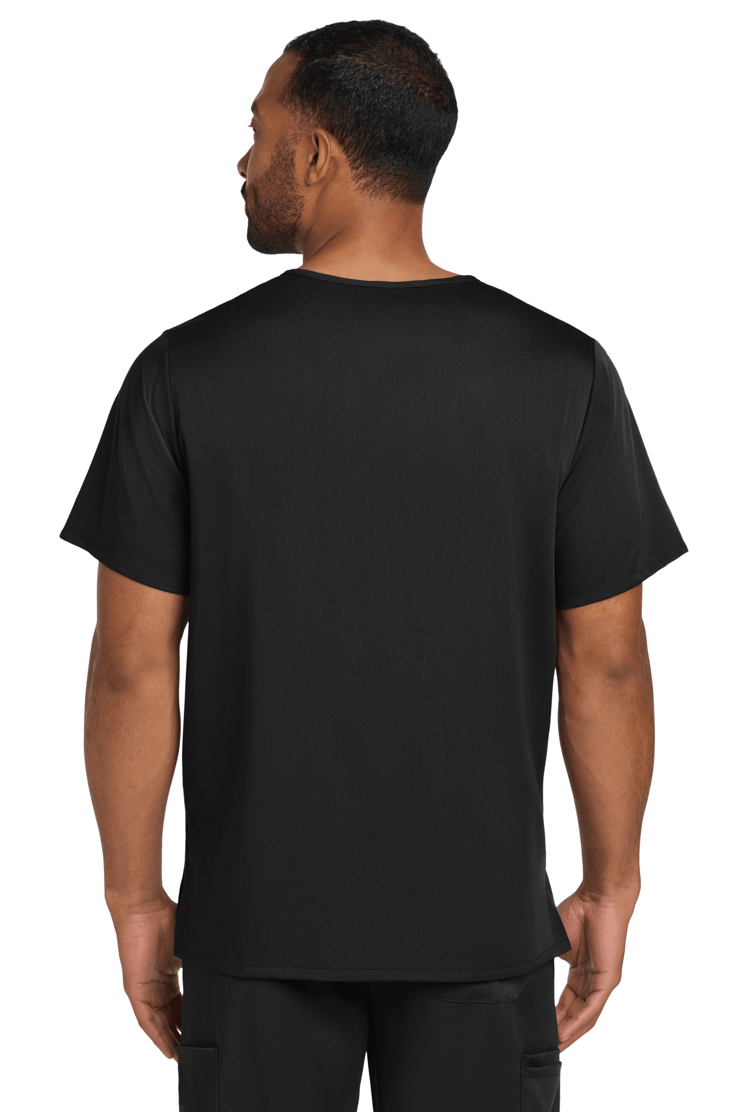 Male nurse wearing Wink Men's Premiere Flex V-Neck scrub top in black, shown from the back.