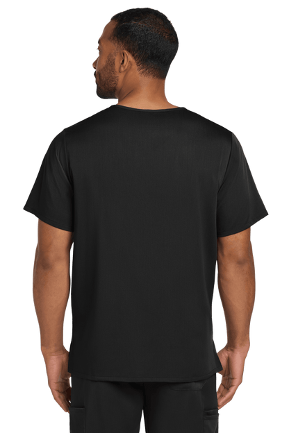 Male nurse wearing Wink Men's Premiere Flex V-Neck scrub top in black, shown from the back.