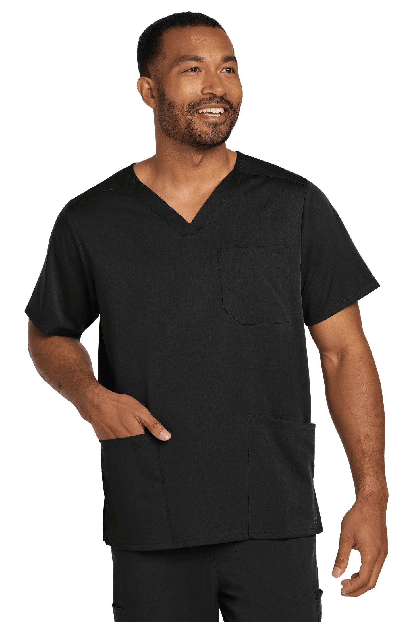 Male nurse wearing Wink Men's Premiere Flex V-Neck Scrub Top in black, front view showing the comfortable, professional design.