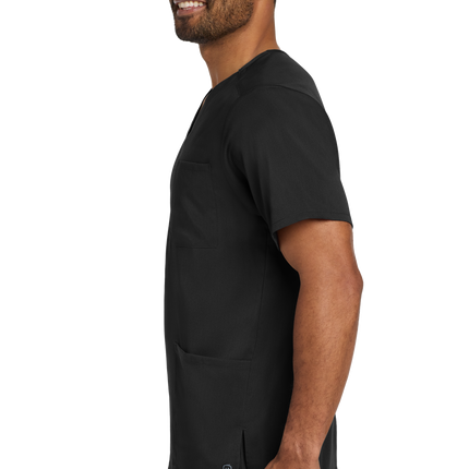 Male nurse wearing black flex V-neck scrub top side