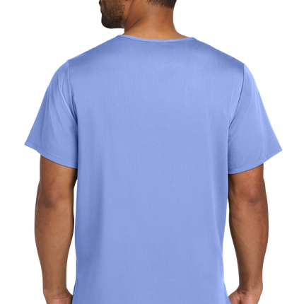 Male nurse wearing flex V-neck scrub top in light blue Back